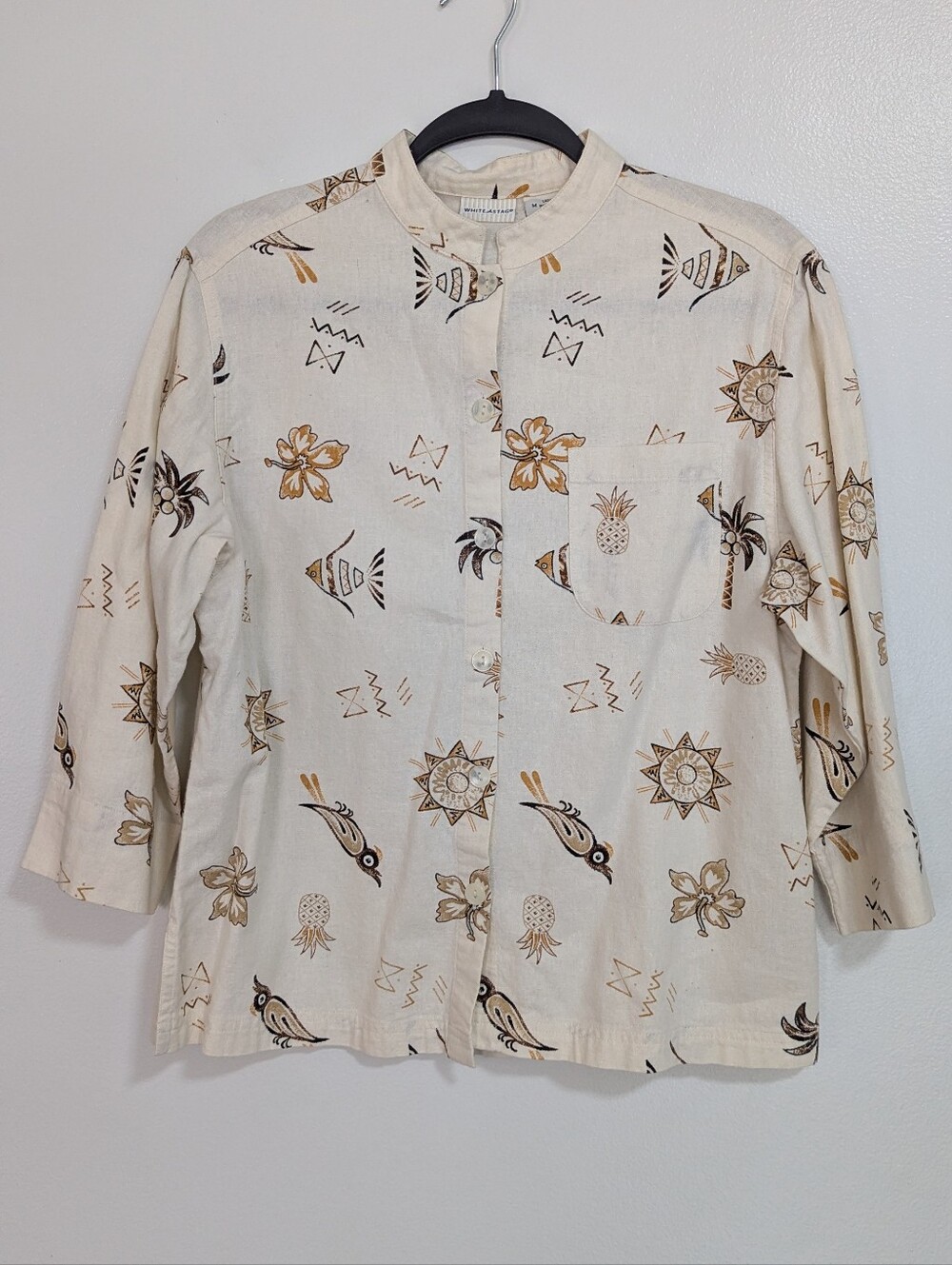Vintage 90s White Stag Linen Blend Tropical Novelty Print Button Down Shirt M